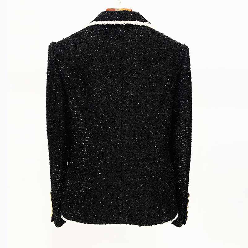 Women Black Fringed Gold Double Breasted Button Metal Buckle Slim Blazer
