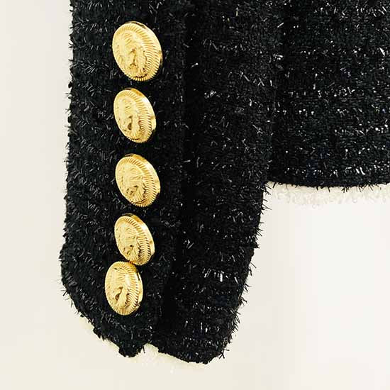 Women Black Fringed Gold Double Breasted Button Metal Buckle Slim Blazer