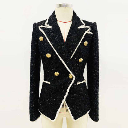 Women Black Fringed Gold Double Breasted Button Metal Buckle Slim Blazer