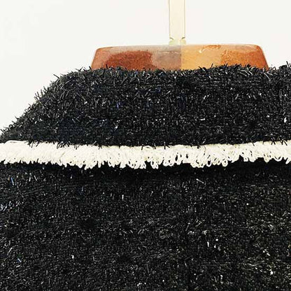 Women Black Fringed Gold Double Breasted Button Metal Buckle Slim Blazer