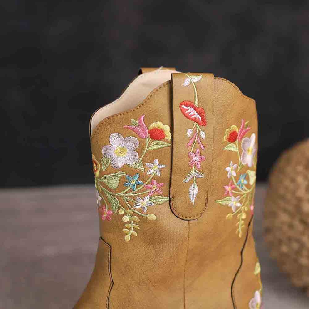 Women's Embroidered Western Short Cowgirl Boots Chunky Heel Boots