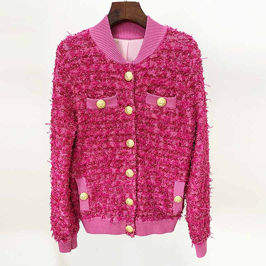 Pink Tweed Outwear Gold Buttons Baseball Uniform Jacket Coat