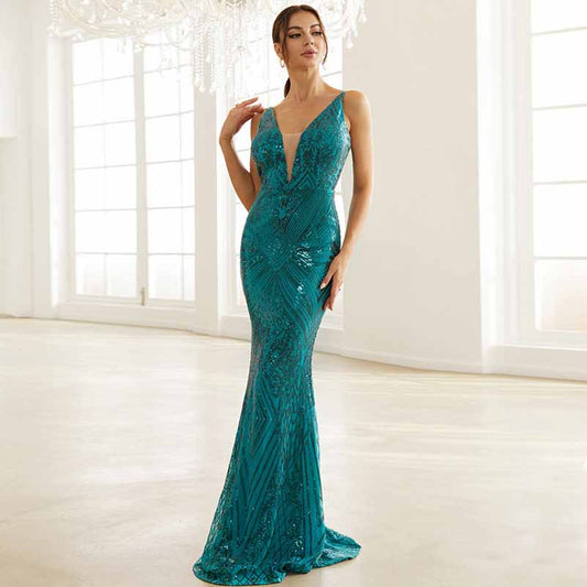 Wedding Sleeveless Green Sequins Hip Wrap Fishtail Prom Dress