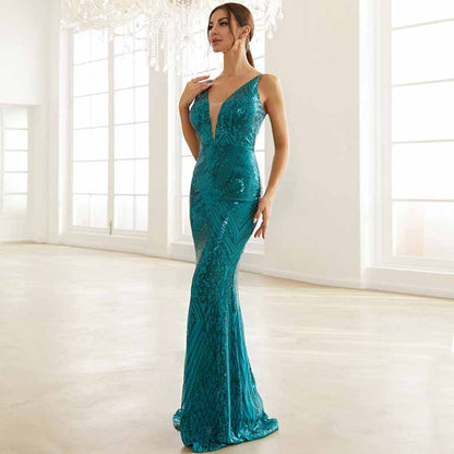 Wedding Sleeveless Green Sequins Hip Wrap Fishtail Prom Dress