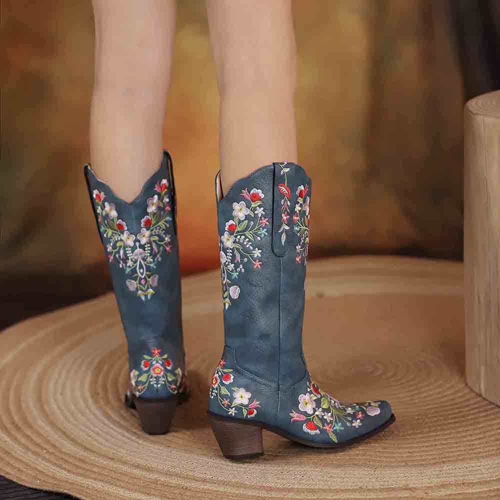 Women's Embroidered Western Short Cowgirl Boots Chunky Heel Boots