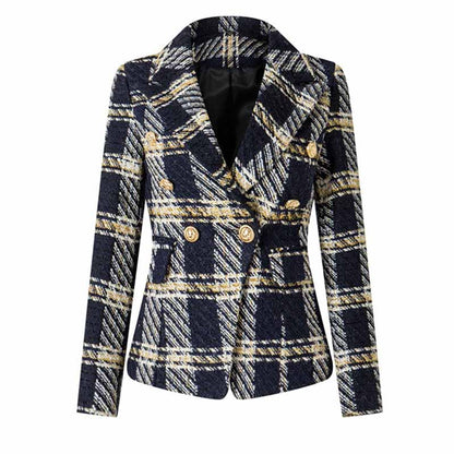 Women's Vintage Double Breasted Blazer Black & Yellow Houndstooth Blazers