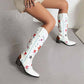 Womens Poppy Floral Snip Toe Boots Knee High Low Heel