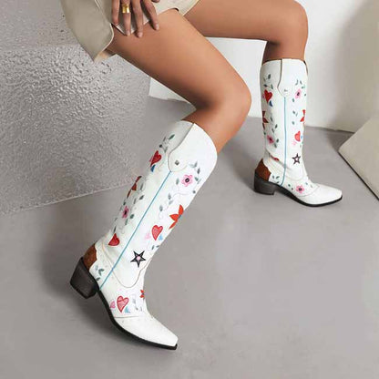 Womens Poppy Floral Snip Toe Boots Knee High Low Heel