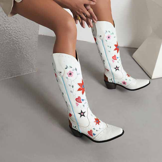 Womens Poppy Floral Snip Toe Boots Knee High Low Heel