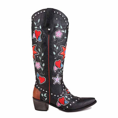 Womens Poppy Floral Snip Toe Boots Knee High Low Heel