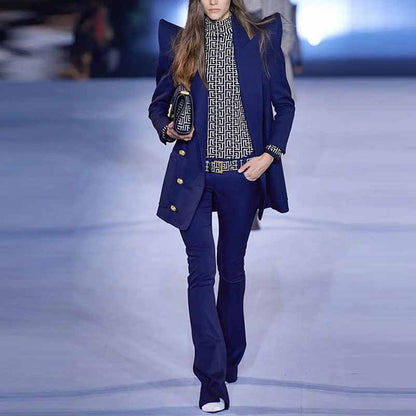Women's Dark Blue Pantsuit Blazer+ Puff Sleeves Oversize Suit Fashion Pantsuit