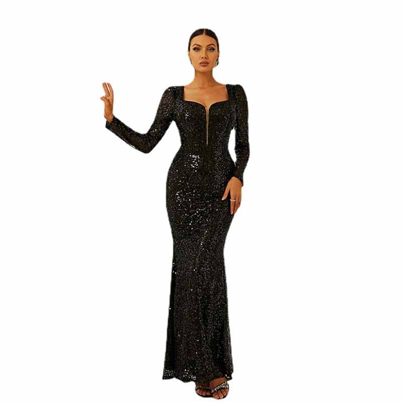 Long Sleeves Black Prom Dress Fishtail Sequin Evening Maxi Dress