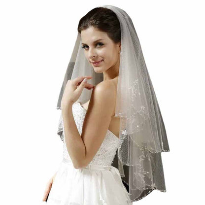 2 Tier Crystals Pearls Beaded Wedding Veil Elbow Length