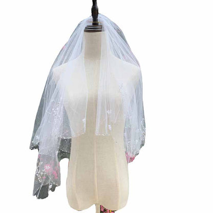 2 Tier Crystals Pearls Beaded Wedding Veil Elbow Length