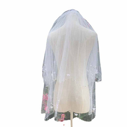 2 Tier Crystals Pearls Beaded Wedding Veil Elbow Length