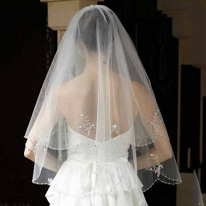 2 Tier Crystals Pearls Beaded Wedding Veil Elbow Length