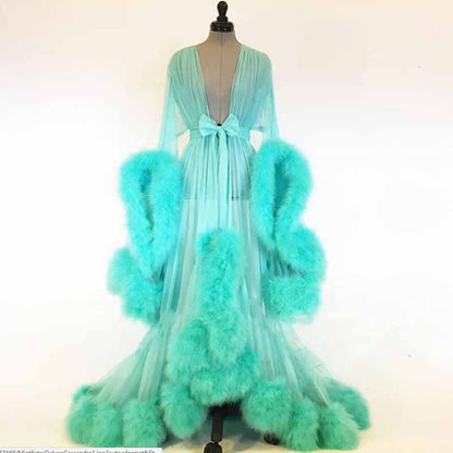 Womens Feather Tulle Robe Long Lingerie Maternity Dressing Gown Puffy Nightgown