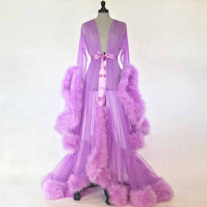 Womens Feather Tulle Robe Long Lingerie Maternity Dressing Gown Puffy Nightgown
