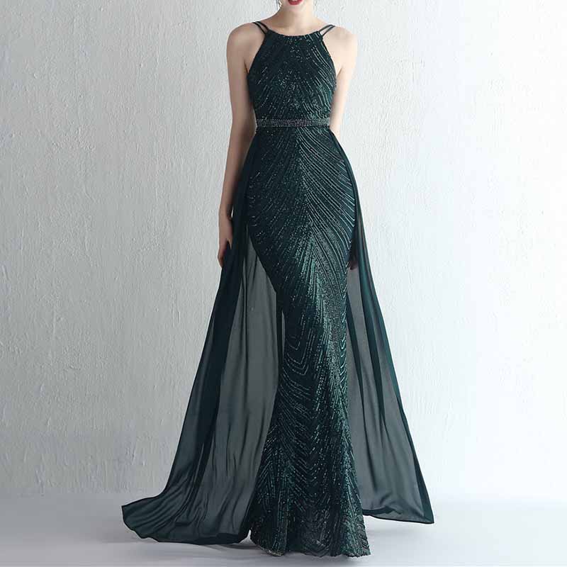 Women's Sleeveless Mermaid Detachable Train Evening Prom Dresses Party Gowns