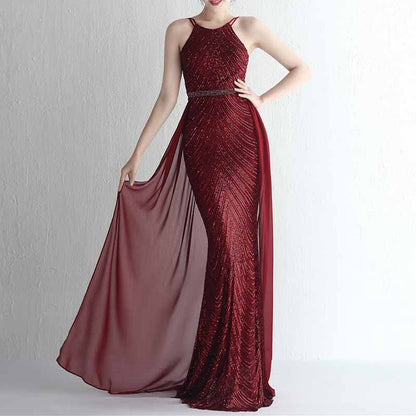 Women's Sleeveless Mermaid Detachable Train Evening Prom Dresses Party Gowns