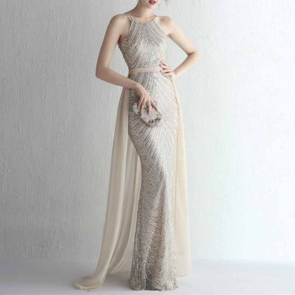 Women's Sleeveless Mermaid Detachable Train Evening Prom Dresses Party Gowns