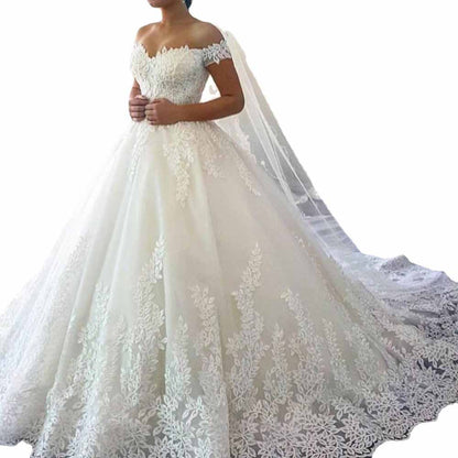 Ball Gown Off-the-Shoulder Sleeveless Sweep/Brush Train Lace Tulle Wedding Dresses