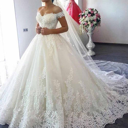 Ball Gown Off-the-Shoulder Sleeveless Sweep/Brush Train Lace Tulle Wedding Dresses