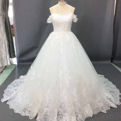 Ball Gown Off-the-Shoulder Sleeveless Sweep/Brush Train Lace Tulle Wedding Dresses