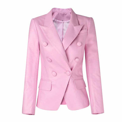 Double Breasted Pink Blazer For Women PU Blazers Jacket In Pink