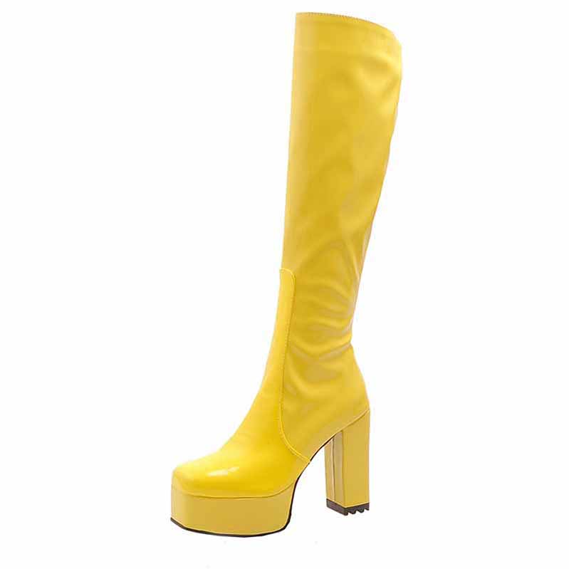 Platform Knee High Boots Patent Leather High Heeled Boots Square Toe