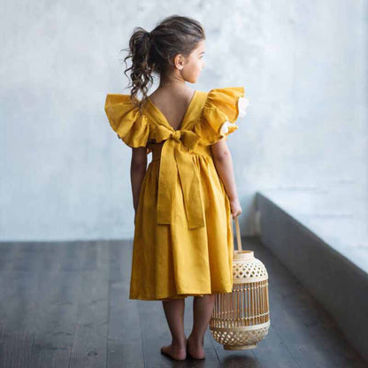 Girl Dress Summer Cotton Linen Ruffle Halter Sleeveless Kids Casual Beach Party Dresses