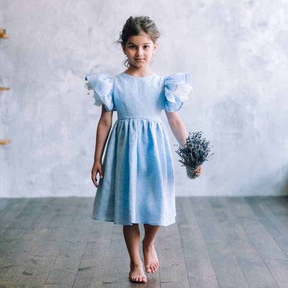 Girl Dress Summer Cotton Linen Ruffle Halter Sleeveless Kids Casual Beach Party Dresses