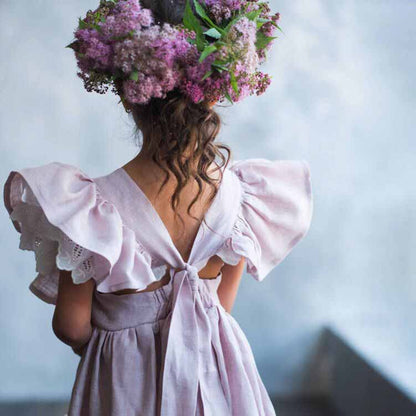 Girl Dress Summer Cotton Linen Ruffle Halter Sleeveless Kids Casual Beach Party Dresses