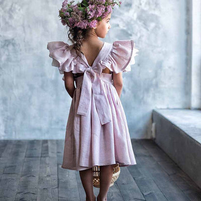 Girl Dress Summer Cotton Linen Ruffle Halter Sleeveless Kids Casual Beach Party Dresses