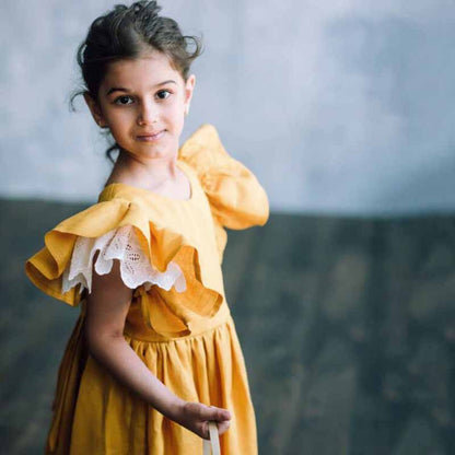 Girl Dress Summer Cotton Linen Ruffle Halter Sleeveless Kids Casual Beach Party Dresses