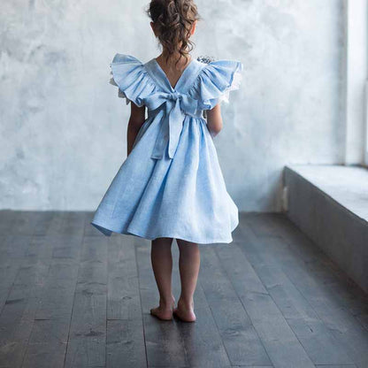 Girl Dress Summer Cotton Linen Ruffle Halter Sleeveless Kids Casual Beach Party Dresses