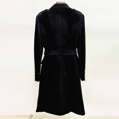 Women black double breasted coat belted velvet long length coat
