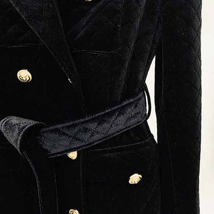 Women black double breasted coat belted velvet long length coat