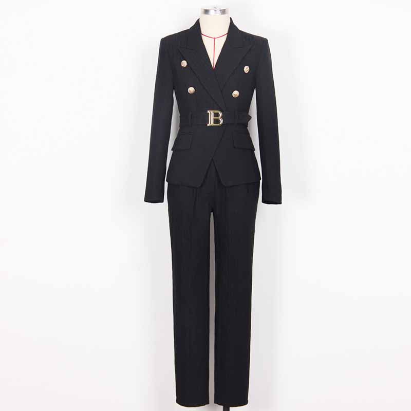 Women's Belted Pant Suit Formal 2 Piece Blazer and Pants Business Set