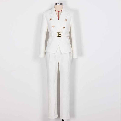 Women's Belted Pant Suit Formal 2 Piece Blazer and Pants Business Set
