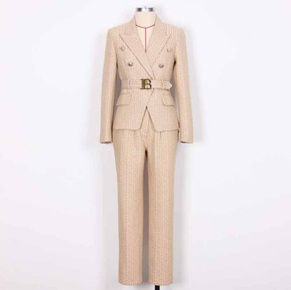 Women's Belted Pant Suit Formal 2 Piece Blazer and Pants Business Set