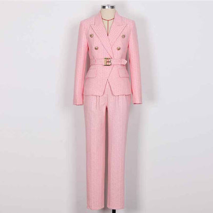 Women's Belted Pant Suit Formal 2 Piece Blazer and Pants Business Set