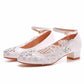 Women Square Toe White Chunky Sandals Bridal White Lace Wedding Shoes