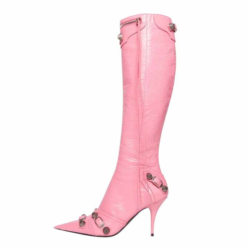 Knee High Pointed Toe Metal Embellished Boots