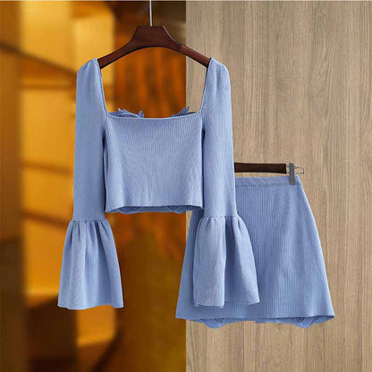 Women 2 Pieces Skirt Suit Knitted Top + Mid-High Rise Mini Skirt Suit