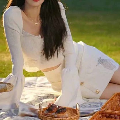 Women 2 Pieces Skirt Suit Knitted Top + Mid-High Rise Mini Skirt Suit