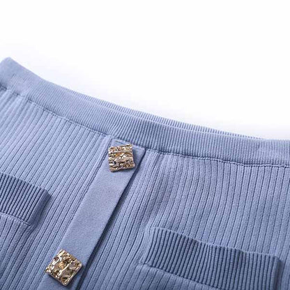 Women 2 Pieces Skirt Suit Knitted Top + Mid-High Rise Mini Skirt Suit