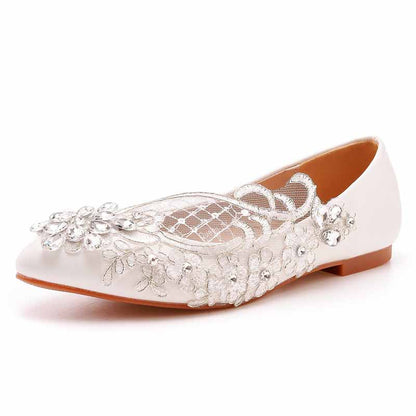 Women Pointed Toe White Flats Bridal Sandals White Lace Wedding Shoes