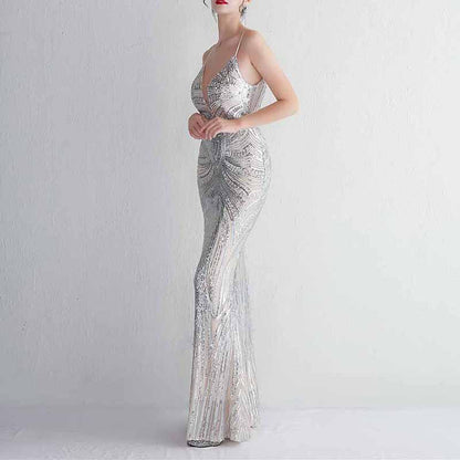 Women's Bateau Cap Sleeve Floral Sequin Sheath V Back Evening Dress