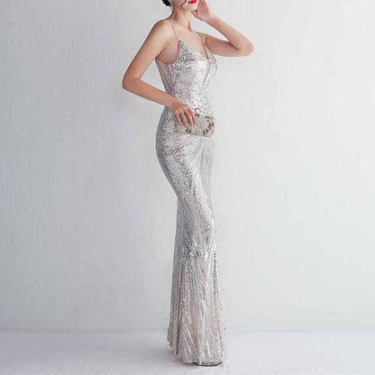 Women's Bateau Cap Sleeve Floral Sequin Sheath V Back Evening Dress